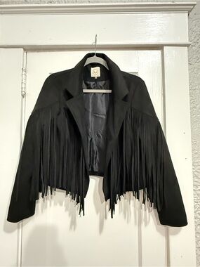 Women's Black Fringe Faux Suede Cropped Leather Jacket